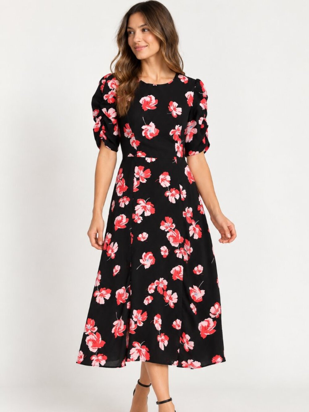 NWT PopSugar Women's Medium Floral Dress Black Red Pink Short Sleeve Midi Dainty